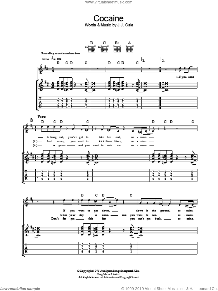 Cocaine sheet music for guitar (tablature) by John Cale, intermediate skill level