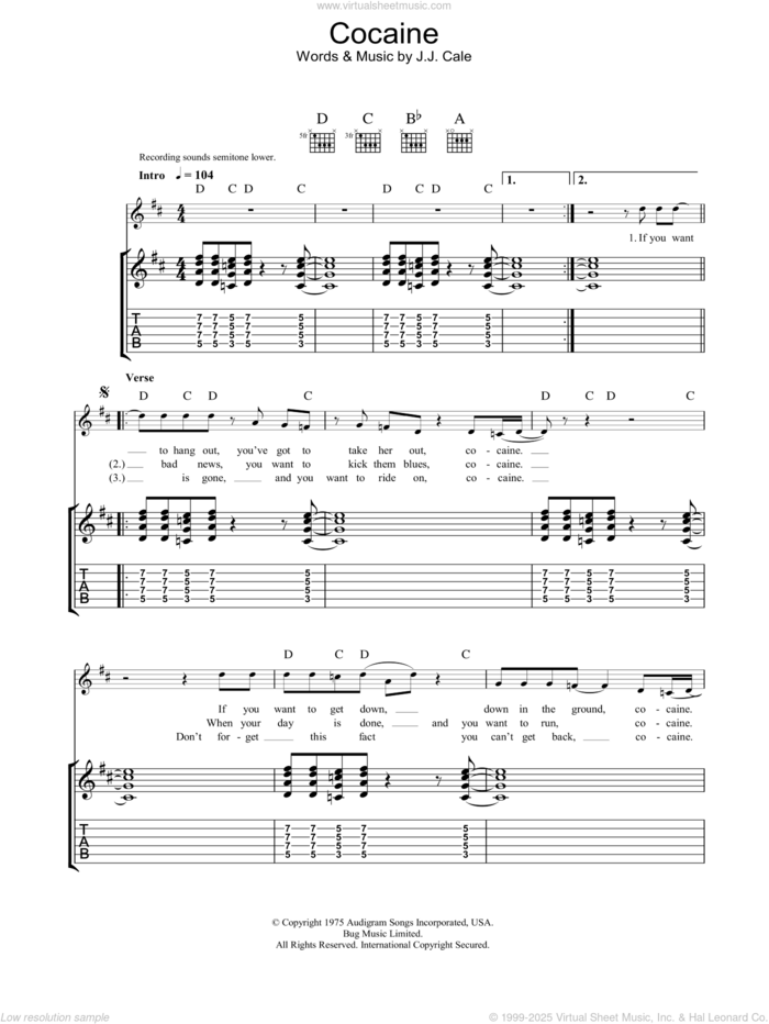 Cocaine sheet music for guitar (tablature) by John Cale, intermediate skill level