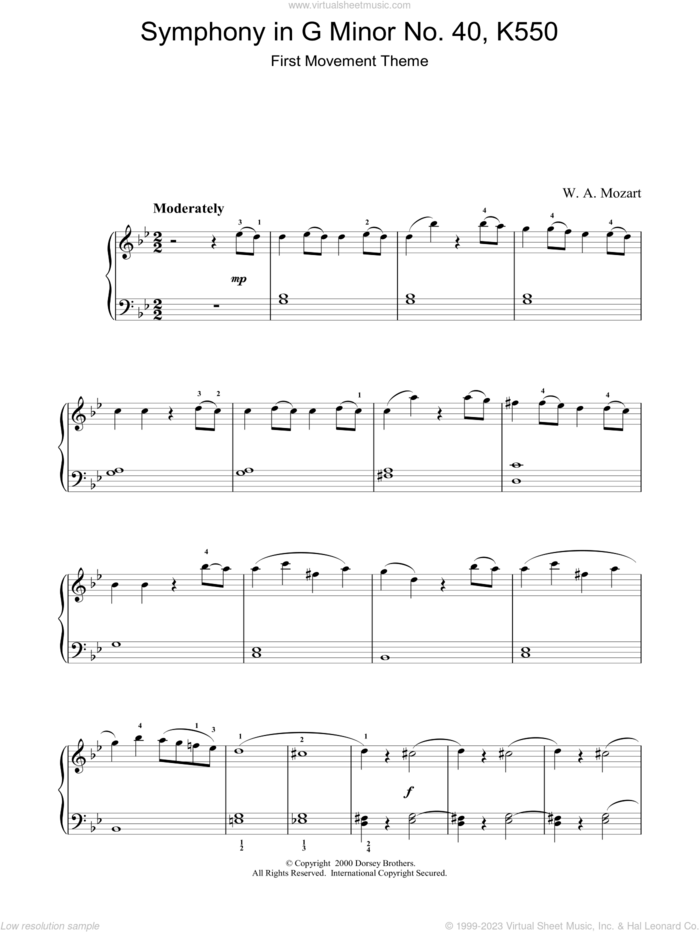 First Movement Theme from Symphony in G Minor No.40 K550 sheet music for piano solo by Wolfgang Amadeus Mozart, classical score, intermediate skill level