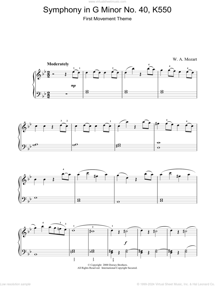 First Movement Theme from Symphony in G Minor No.40 K550 sheet music for piano solo by Wolfgang Amadeus Mozart, classical score, intermediate skill level