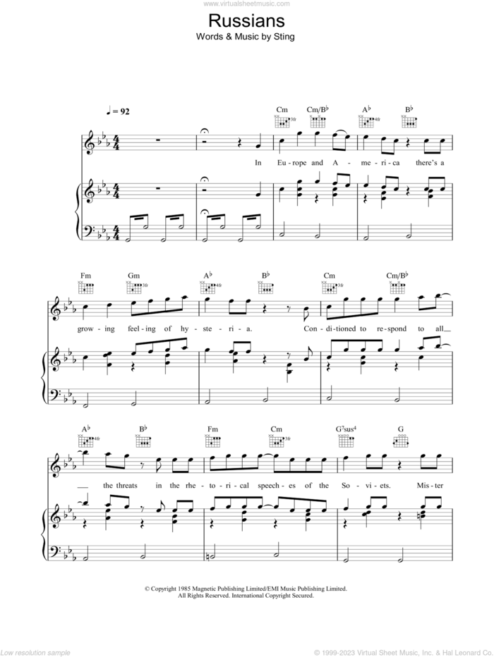 Russians sheet music for voice, piano or guitar by Sting, intermediate skill level