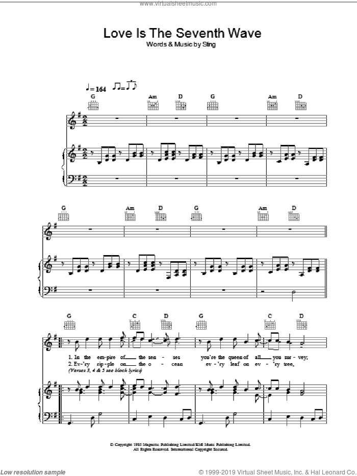 Love Is The Seventh Wave sheet music for voice, piano or guitar by Sting, intermediate skill level