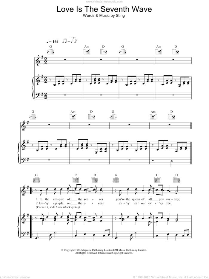 Love Is The Seventh Wave sheet music for voice, piano or guitar by Sting, intermediate skill level