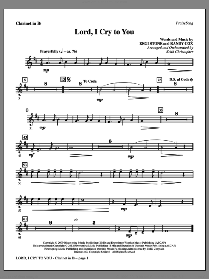 Lord, I Cry To You sheet music for orchestra/band (Bb clarinet) by Regi Stone, Randy Cox and Keith Christopher, intermediate skill level
