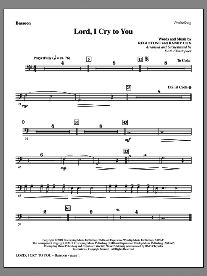 Lord, I Cry To You sheet music for orchestra/band (bassoon) by Regi Stone, Randy Cox and Keith Christopher, intermediate skill level