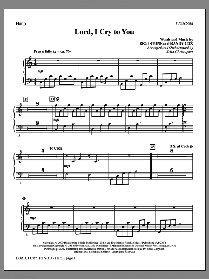 Lord, I Cry To You sheet music for orchestra/band (harp) by Regi Stone, Randy Cox and Keith Christopher, intermediate skill level