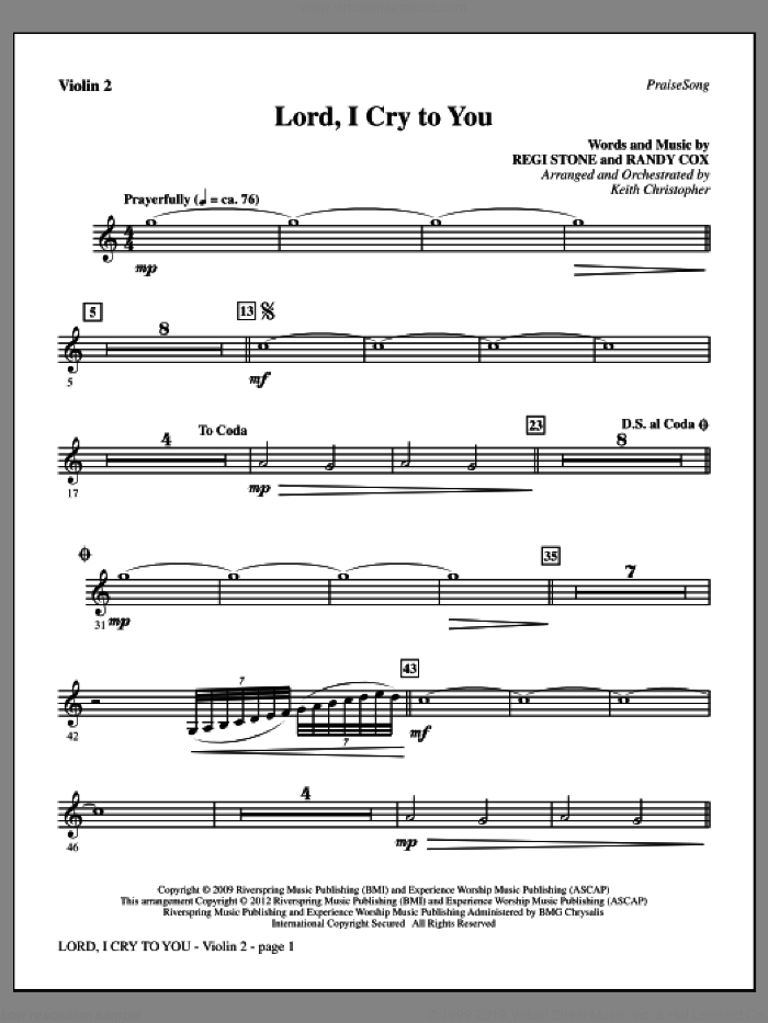 Lord, I Cry To You sheet music for orchestra/band (violin 2) by Regi Stone, Randy Cox and Keith Christopher, intermediate skill level