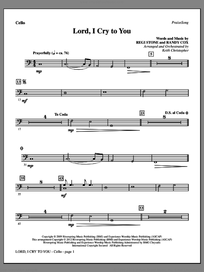Lord, I Cry To You sheet music for orchestra/band (cello) by Regi Stone, Randy Cox and Keith Christopher, intermediate skill level