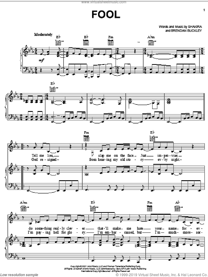 Fool sheet music for voice, piano or guitar by Shakira and Brendan Buckley, intermediate skill level