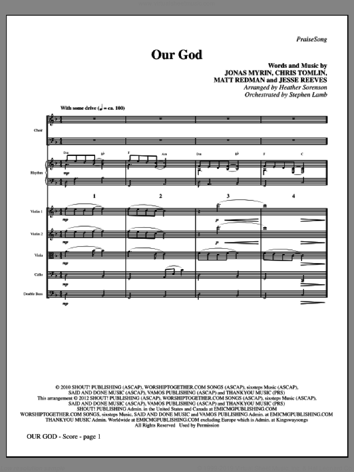 Our God (complete set of parts) sheet music for orchestra/band (Rhythm and Strings) by Chris Tomlin, Jesse Reeves, Jonas Myrin, Matt Redman and Heather Sorenson, intermediate skill level