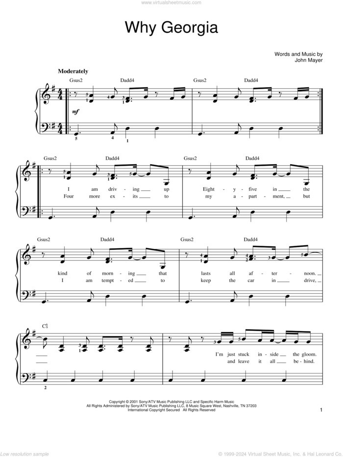 Why Georgia sheet music for piano solo by John Mayer, easy skill level