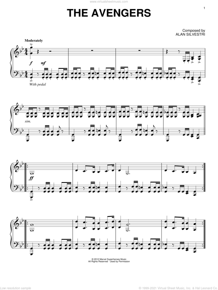 The Avengers sheet music for piano solo by Alan Silvestri, intermediate skill level