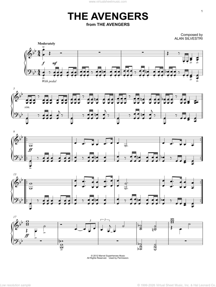 The Avengers sheet music for piano solo by Alan Silvestri, intermediate skill level