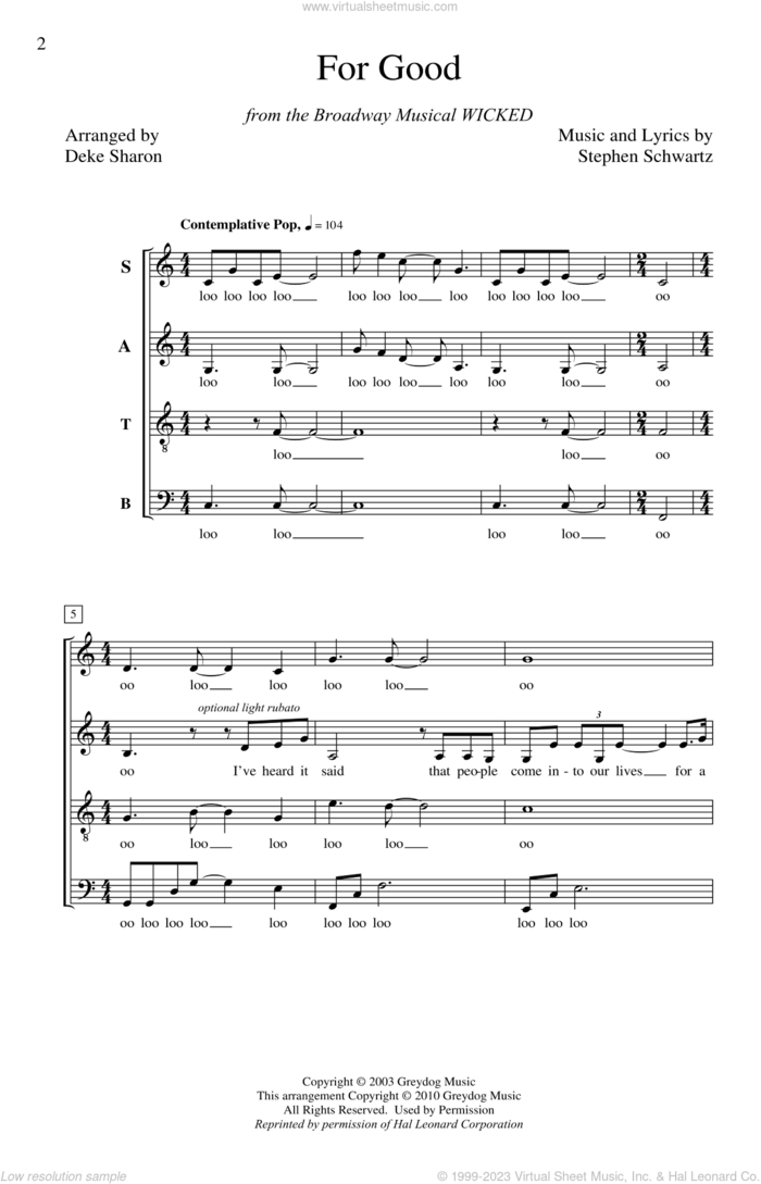 For Good (from Wicked) (arr. Deke Sharon) sheet music for choir (SATB: soprano, alto, tenor, bass) by Stephen Schwartz and Deke Sharon, intermediate skill level