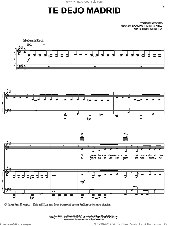 Te Dejo Madrid sheet music for voice, piano or guitar by Shakira, George Noriega and Tim Mitchell, intermediate skill level