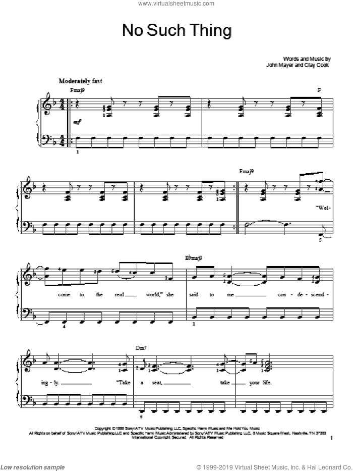 No Such Thing sheet music for piano solo by John Mayer, easy skill level