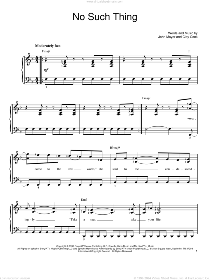 No Such Thing sheet music for piano solo by John Mayer, easy skill level