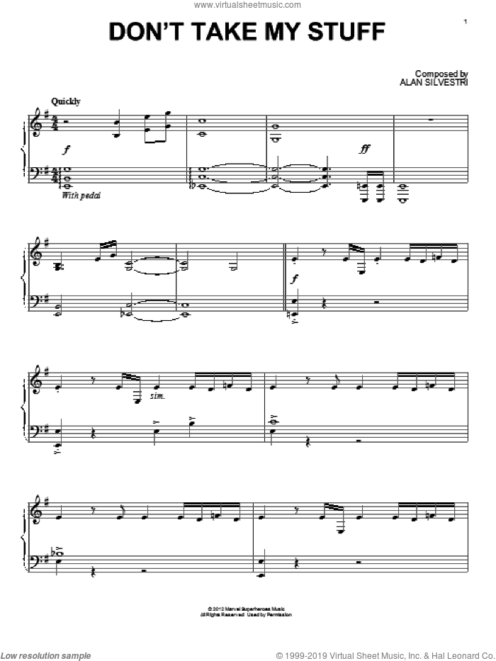Don't Take My Stuff (from The Avengers) sheet music for piano solo by Alan Silvestri, intermediate skill level