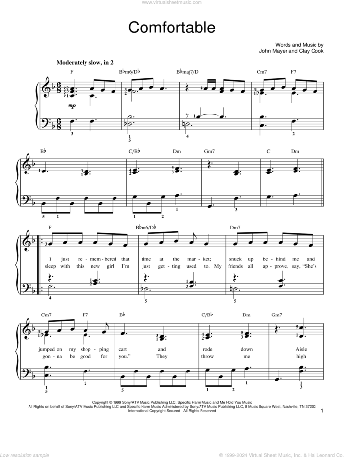 Comfortable sheet music for piano solo by John Mayer, easy skill level