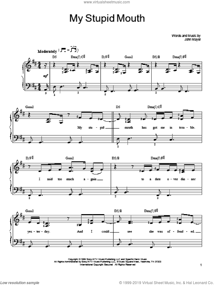 My Stupid Mouth sheet music for piano solo by John Mayer, easy skill level