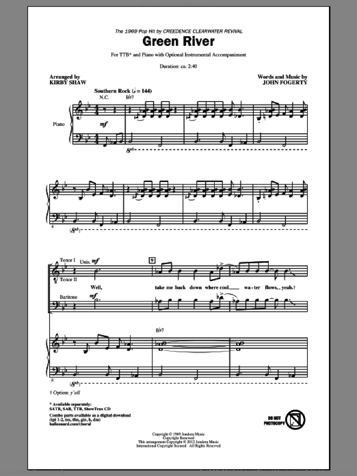 Green River sheet music for choir (TTBB: tenor, bass) by Kirby Shaw, Creedence Clearwater Revival and John Fogerty, intermediate skill level