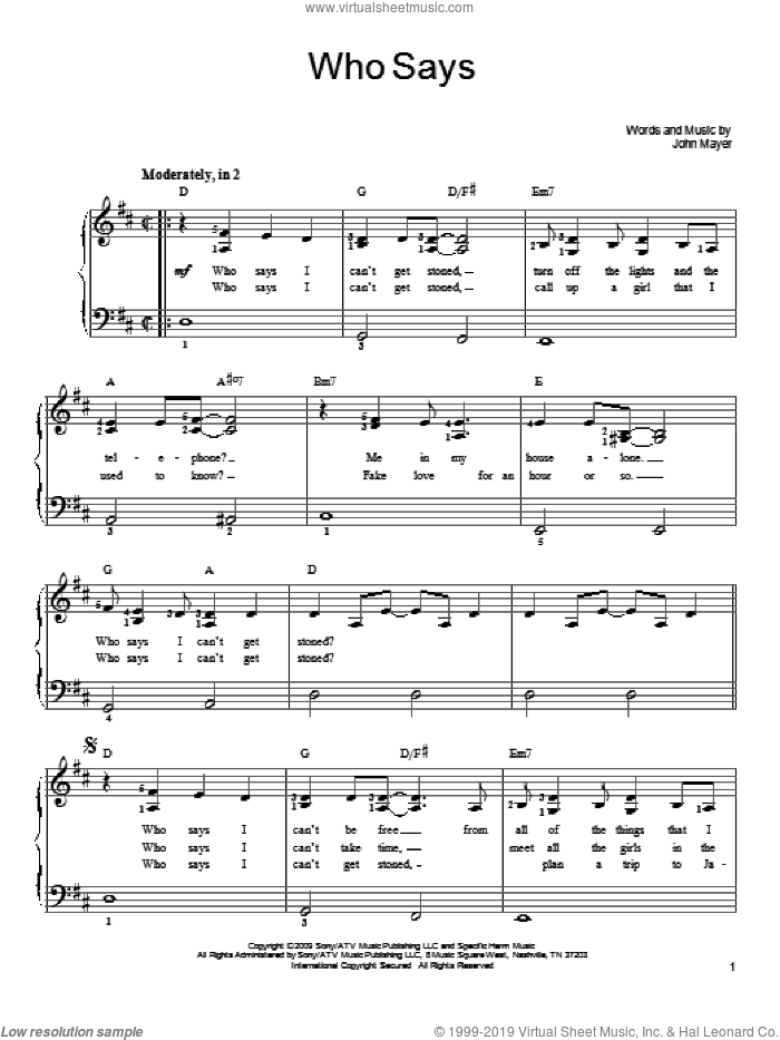 Who Says sheet music for piano solo by John Mayer, easy skill level