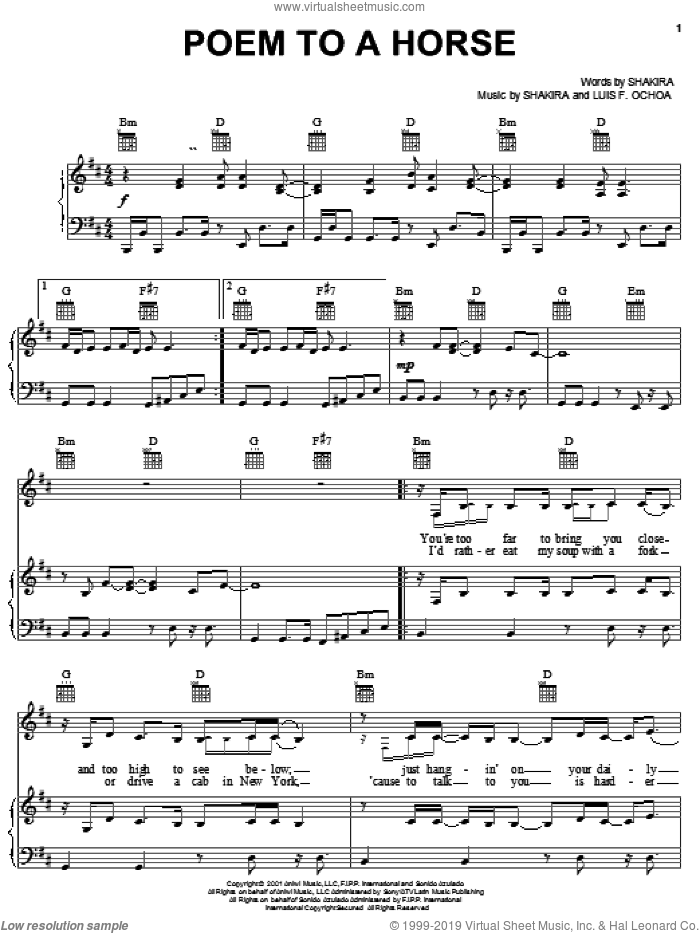Poem To A Horse sheet music for voice, piano or guitar by Shakira and Luis Fernando Ochoa, intermediate skill level