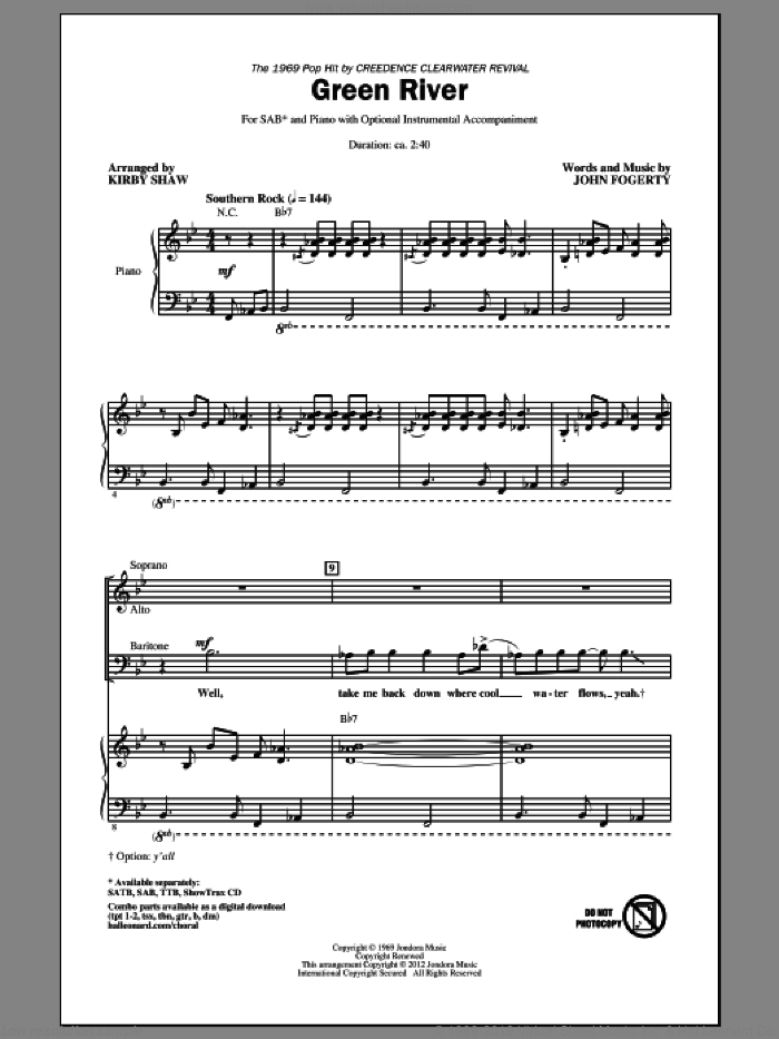 Green River sheet music for choir (SAB: soprano, alto, bass) by Kirby Shaw, Creedence Clearwater Revival and John Fogerty, intermediate skill level