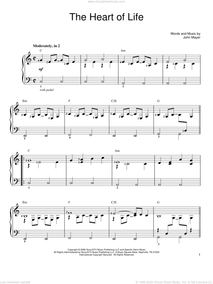 The Heart Of Life sheet music for piano solo by John Mayer, easy skill level