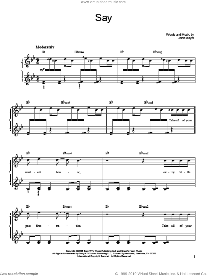 Say sheet music for piano solo by John Mayer, easy skill level