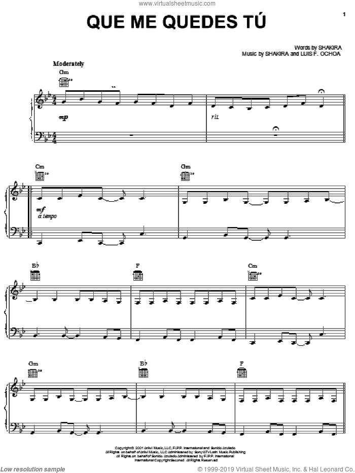 Que Me Quedes Tu sheet music for voice, piano or guitar by Shakira and Luis Fernando Ochoa, intermediate skill level