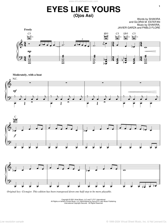 Eyes Like Yours (Ojos Asi) sheet music for voice, piano or guitar by Shakira, Gloria M. Estefan, Javier Garza and Pablo Flores, intermediate skill level