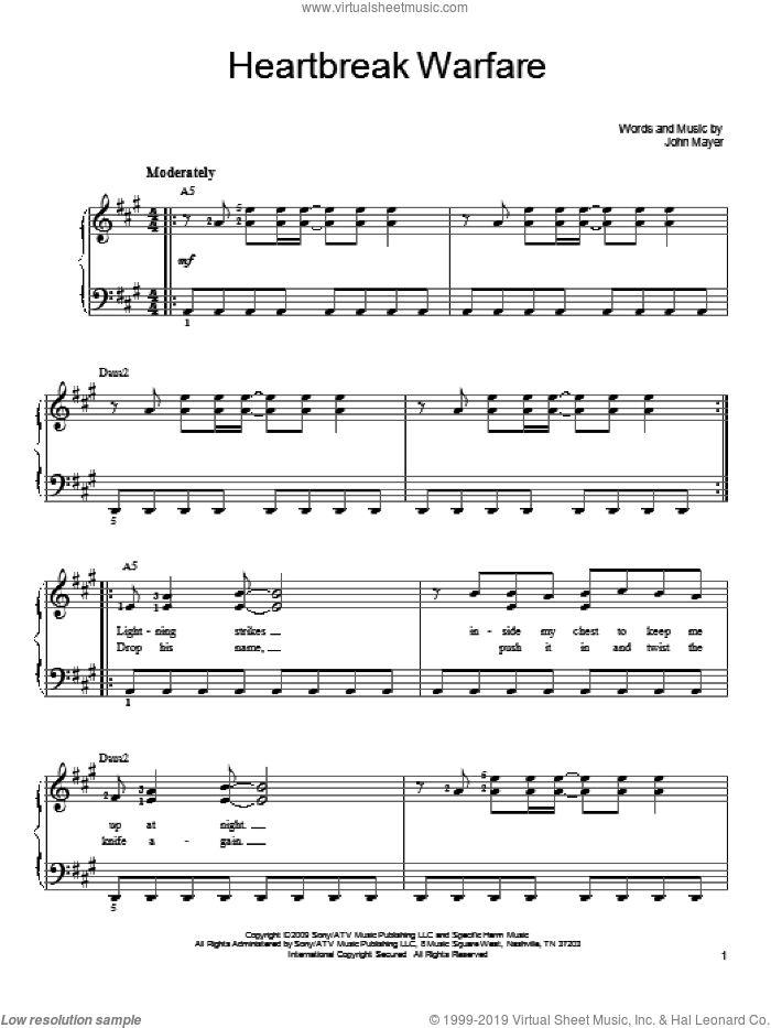 Heartbreak Warfare sheet music for piano solo by John Mayer, easy skill level