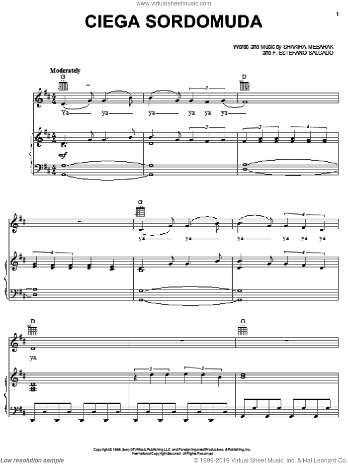 Ciega Sordomuda sheet music for voice, piano or guitar by Shakira, F. Estefano Salgado and Shakira Mebarak, intermediate skill level