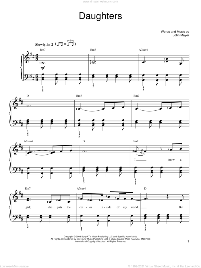 Daughters sheet music for piano solo by John Mayer, easy skill level