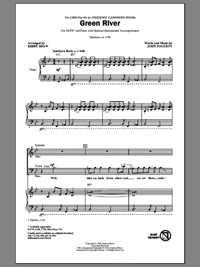 Green River sheet music for choir (SATB: soprano, alto, tenor, bass) by Kirby Shaw, Creedence Clearwater Revival and John Fogerty, intermediate skill level