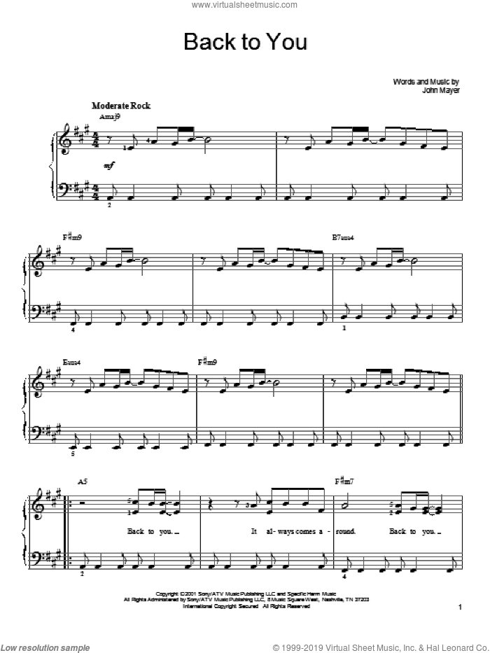 Back To You sheet music for piano solo by John Mayer, easy skill level
