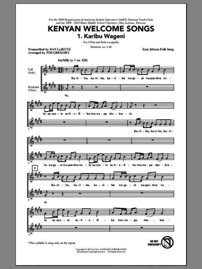 Karibu Wageni (Welcome Visitors) sheet music for choir (2-Part) by Tim Gregory and African Folk Song, intermediate duet