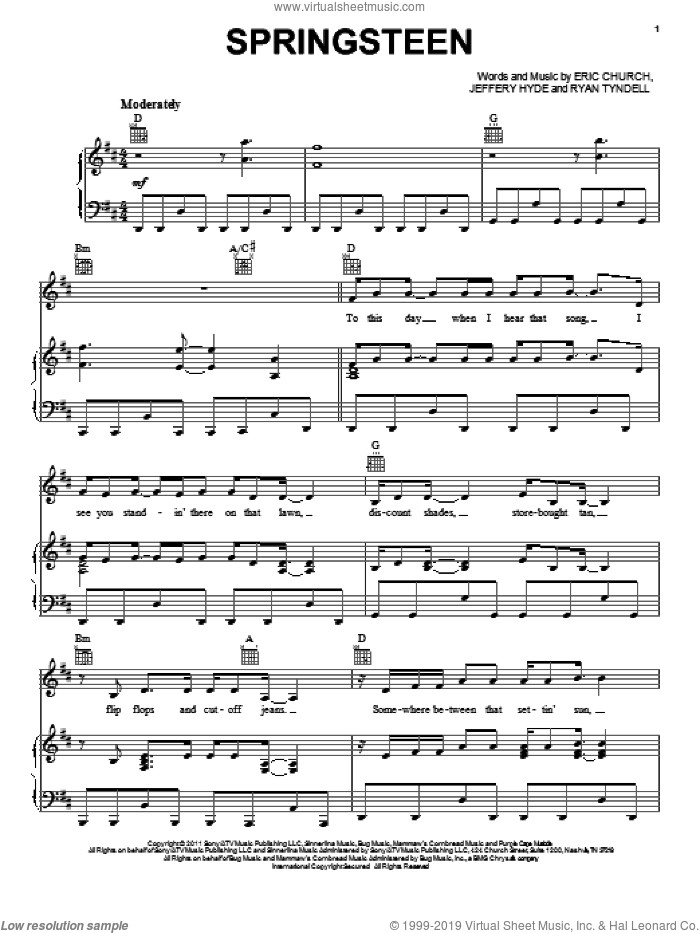 Springsteen sheet music for voice, piano or guitar by Eric Church, intermediate skill level