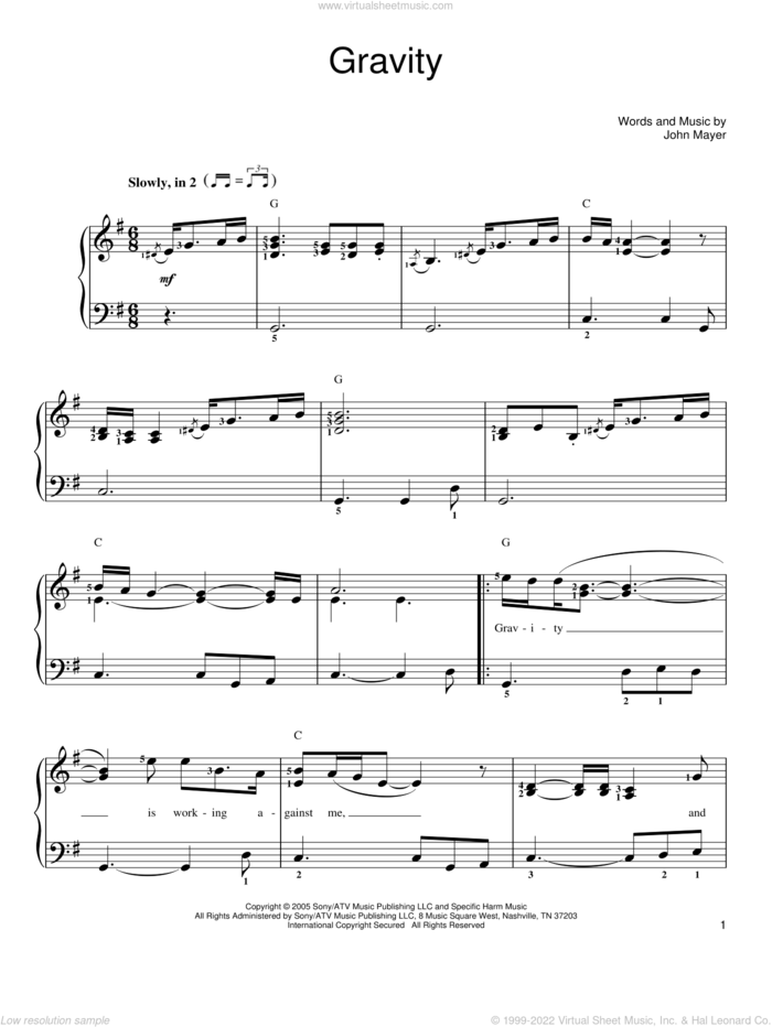 Gravity sheet music for piano solo by John Mayer, easy skill level