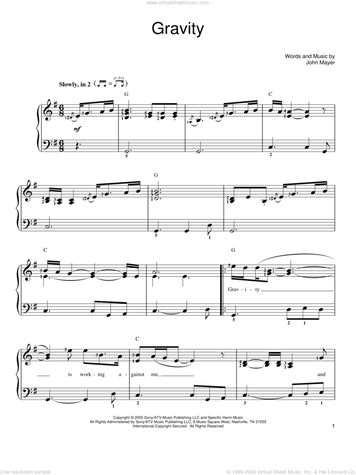 Gravity sheet music for piano solo by John Mayer, easy skill level