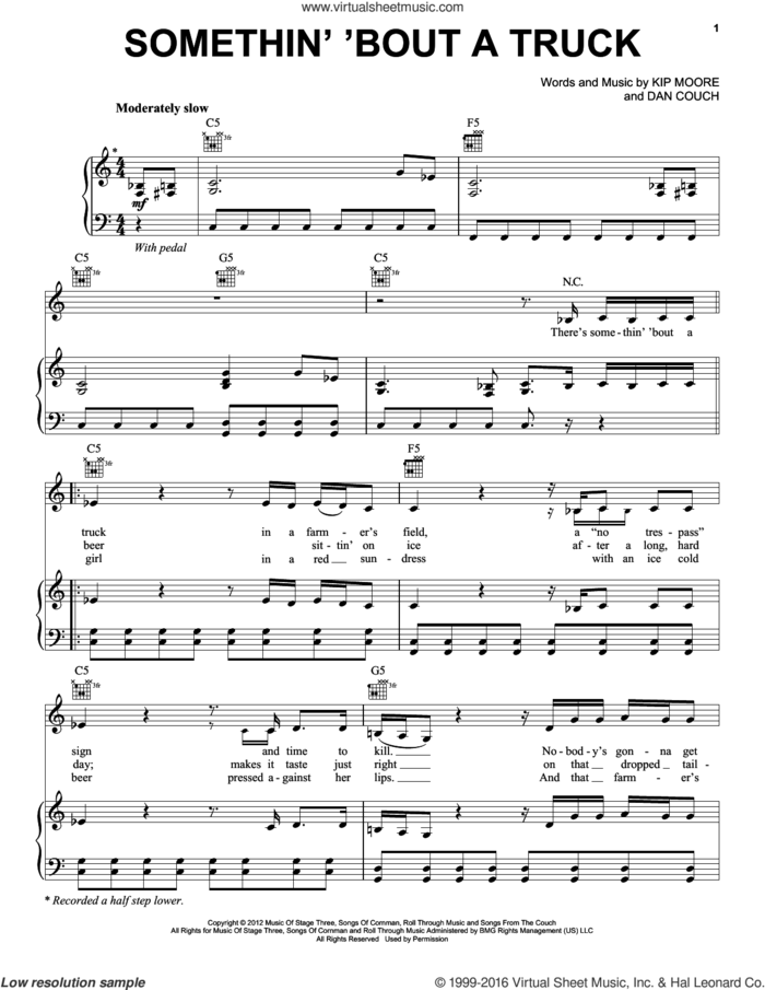 Somethin' 'Bout A Truck sheet music for voice, piano or guitar by Kip Moore, intermediate skill level