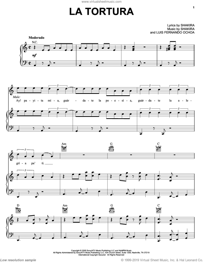 La Tortura sheet music for voice, piano or guitar by Shakira featuring Alejandro Sanz, Alejandro Sanz, Luis Fernando Ochoa and Shakira, intermediate skill level