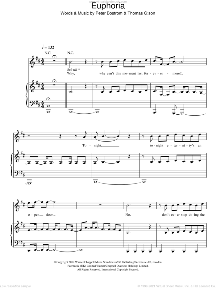 Euphoria sheet music for voice, piano or guitar by Loreen, Peter Bostrom and Thomas G:son, intermediate skill level