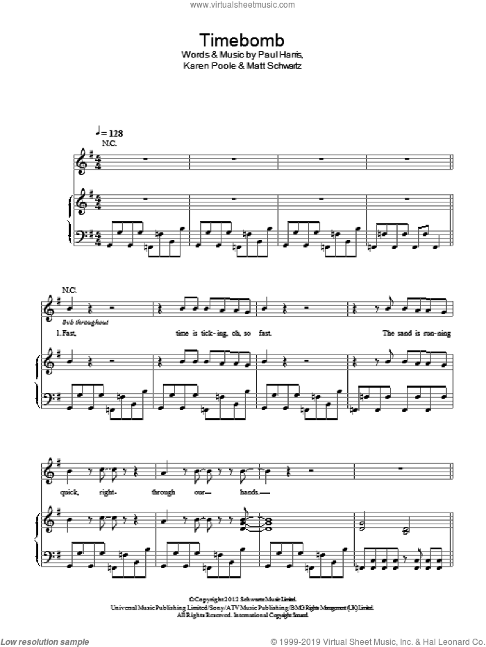 Timebomb sheet music for voice, piano or guitar by Kylie Minogue, Karen Poole, Matt Schwartz and Paul Harris, intermediate skill level