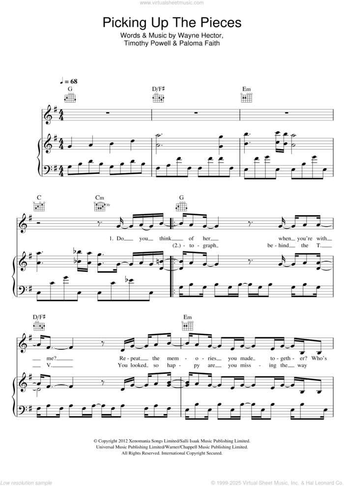 Picking Up The Pieces sheet music for voice, piano or guitar by Paloma Faith, Timothy Powell and Wayne Hector, intermediate skill level