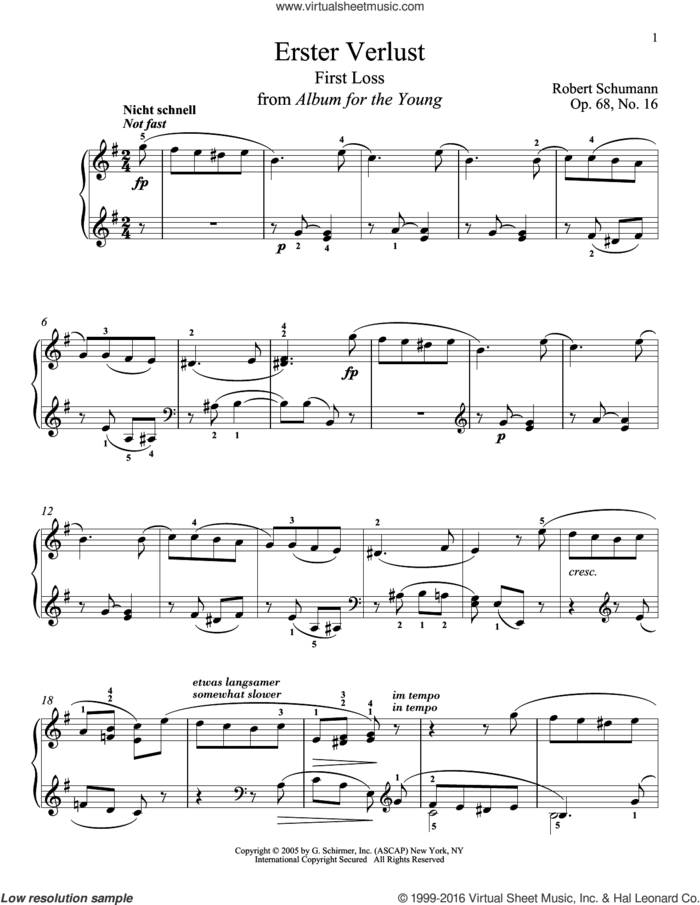 First Loss, Op. 68, No. 16 sheet music for piano solo by Robert Schumann, classical score, intermediate skill level