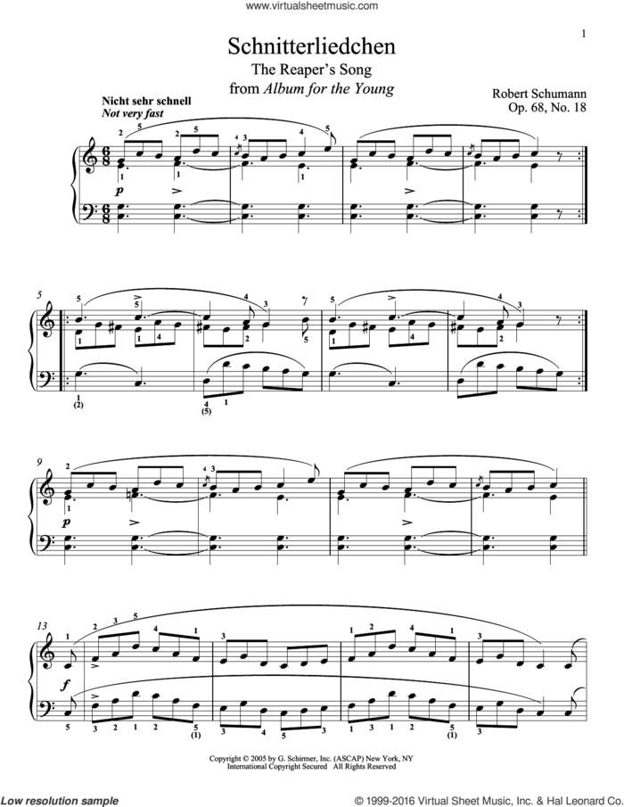 The Reaper's Song, Op. 68, No. 18 (Schnitterliedchen) sheet music for piano solo by Robert Schumann, classical score, intermediate skill level