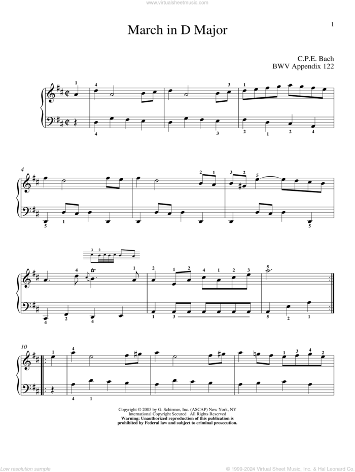 March In D Major sheet music for piano solo by Johann Sebastian Bach and Christos Tsitsaros, classical score, intermediate skill level