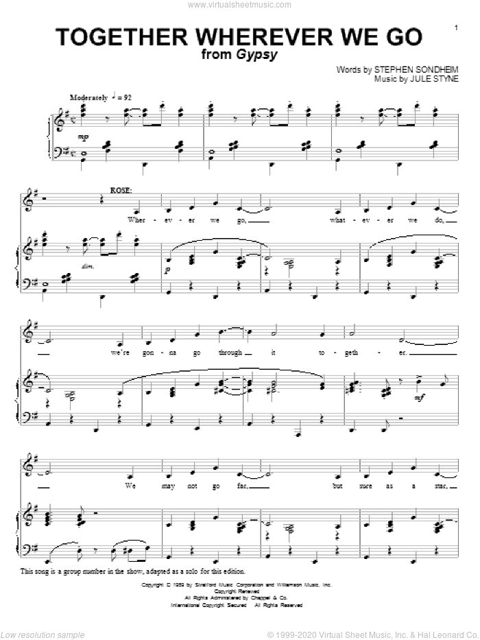 Together Wherever We Go sheet music for voice and piano by Stephen Sondheim, Gypsy (Musical) and Jule Styne, intermediate skill level